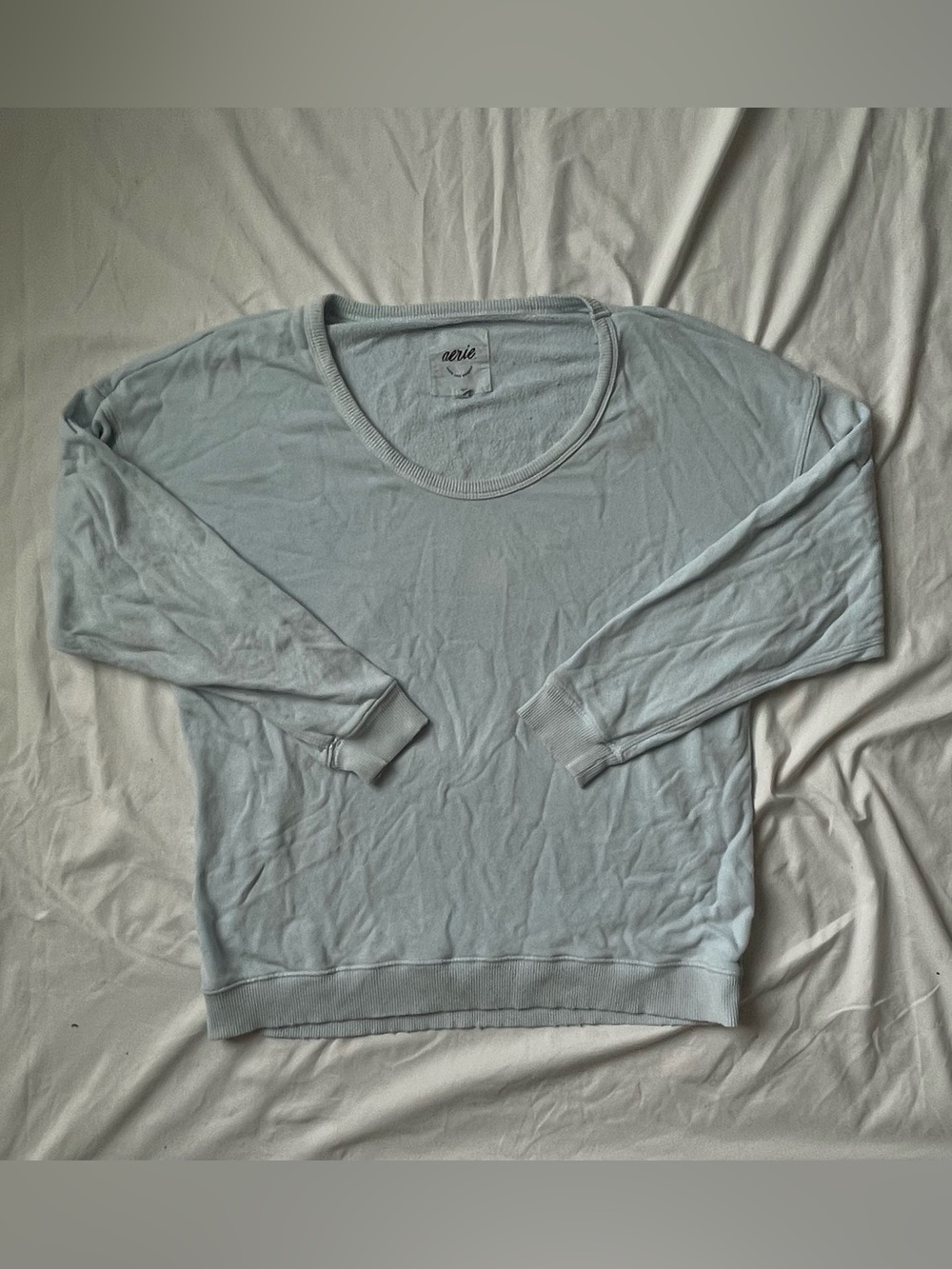 Aerie Woman’s Light Blue Baggy Crewneck Sweater With Red Stains SizeXS